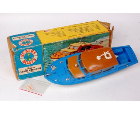 Scalex Boats, 414S Derwent cabin Cruiser, electric, all plastic body, white hull with blue deck and brown deck roofs, with ro