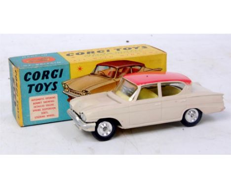 Corgi Toys, 234 Ford Consul Classic, beige body with pink roof, lemon interior, spun hubs, in the original blue and yellow al