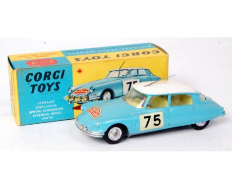 Corgi Toys, 323 Citroen DS19 in Monte Carlo trim, pale blue body with white roof, lemon interior with racing number 75, in th