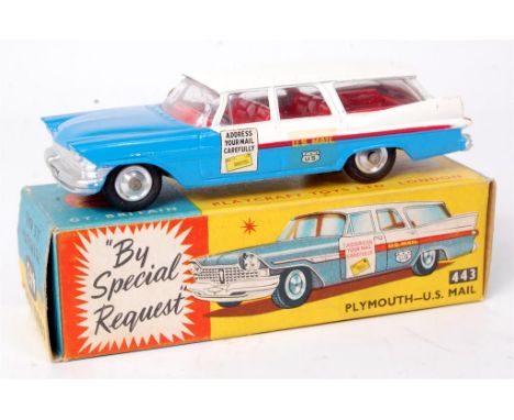 Corgi Toys, 443 Plymouth US Mail car, white with mid-blue bonnet and red side flash, red interior with spun hubs and 'Address