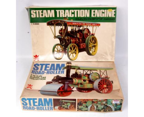 Bandai, steam engine plastic kit group, 2 unmade as issued examples to include; steam road roller (VG,BG), and Garrett 1919 s