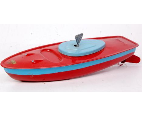 Tri-ang, Speedboat No.100, tinplate and clockwork, red and light blue body with red propeller and rudder, with key, loose exa
