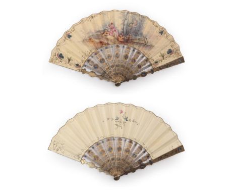 An Unusual Chinese Fan with Metal and Enamel Sticks, 19th century, Qing Dynasty, the heavy monture elaborately shaped in the 