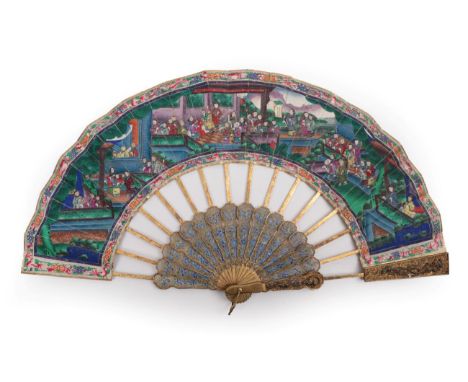 A Rare Chinese Gilt Filigree Metal Telescopic Mandarin Fan, 19th century, Qing Dynasty, the monture gilded, enamelled in blue