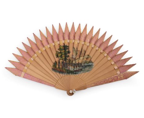 A Good Gothic Style Early 19th Century Wood Brisé Fan, the pale wood painted in pale pink with gilding on both guards and the