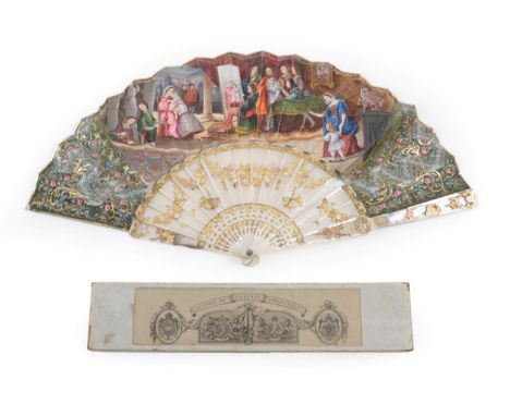 Madonna and Child: A Mid-19th Century Mother-of-Pearl Fan, with elaborate monture, being carved and gilded with overlaid swag