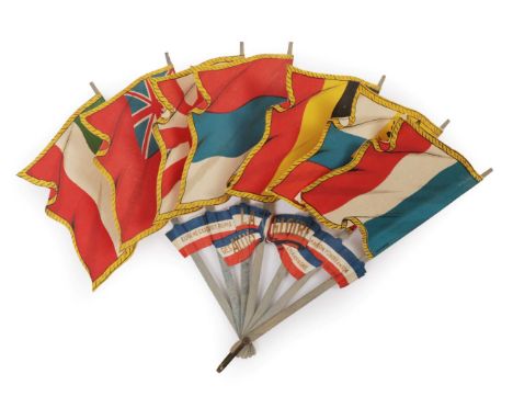 Flags Of The Allies, WWI: A Fan with wooden monture painted pale blue, each stick wrapped around with a paper flag representi