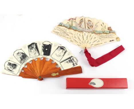 Cats! Two Contemporary Fans, featuring cats, to include one quite chunky wooden fan, the monture varnished, the single leaf w