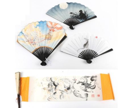 Three Contemporary Fans and A Painted Scroll, all featuring animals: To include a 1993 fan signed and dated by the artist Aaf