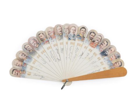 The Great War: Circa 1917, A Wood Brisé Fan, applied with seventeen printed portraits of the important German/Austrian figure