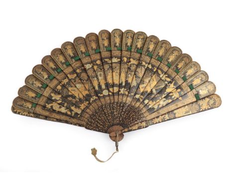 A Good 19th Century Qing Dynasty Chinese Wood Brisé Fan, lacquered in black and gold. Twenty inner sticks and two guards, a c