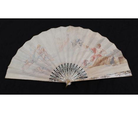 Vulcan: A Circa 1900 Fan, with pink mother-of-pearl monture, gilded and silvered on guards and gorge. Single paper leaf mount