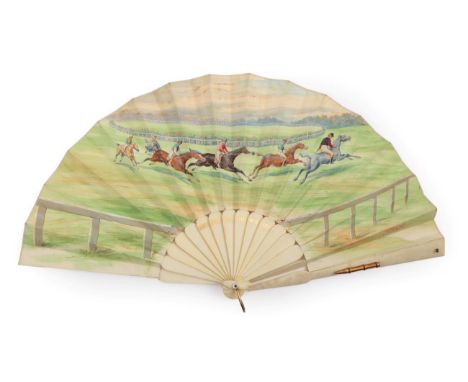 A Horse Racing Fan, circa 1900, the monture of bone, the upper guard having a metal case for a pencil attached. The double le