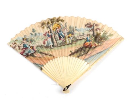 Europa and the Bull: A Very Slender Early 18th Century Ivory Fan, the guards delicately piqué with steel in a floral design, 