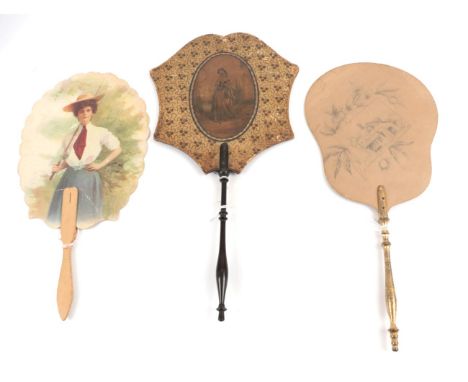Three Historical Face Screens, 19th to 20th centuries, comprising: a shaped hand screen with decorative floral border, enclos