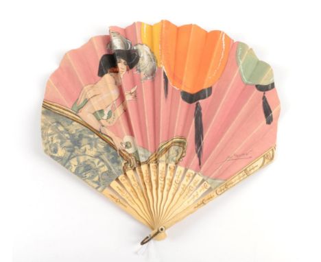 ''June Roses'' by Morny: A Very Scarce Paper Advertising Fan, the double leaf in ballon form mounted on lightly incised bone 