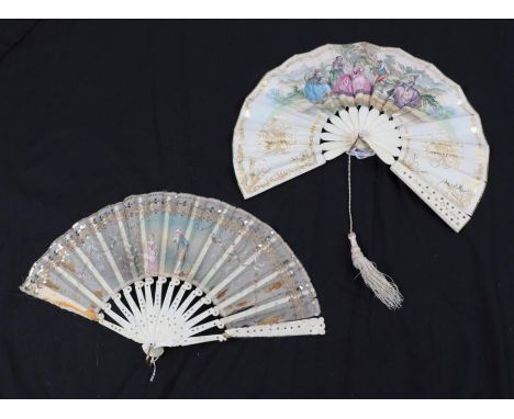 A Bone Telescopic Fan, circa 1850, the double paper leaf a lithograph with gold reserves, the central scene one of relaxation