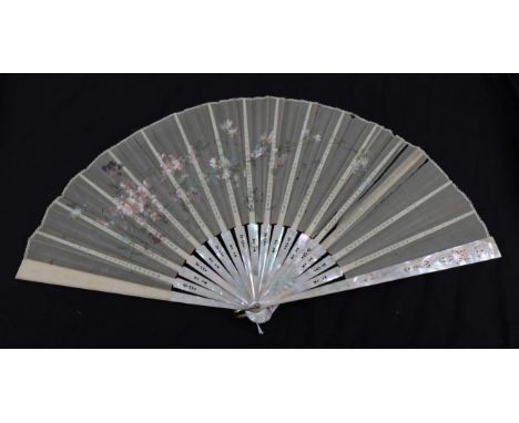 Two Attractive Large Late 19th Century Fans, the montures of mother-of-pearl. The first, in plain white mother-of-pearl, moun