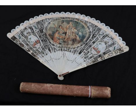 A Large 18th Century Ivory Brisé Fan, European, carved, pierced, silvered and painted. The central sticks are applied with a 