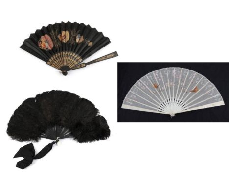 A Large Late 19th Century Cream Gauze Fan, the bone monture lightly carved and pierced, the leaf painted in pastels with flor