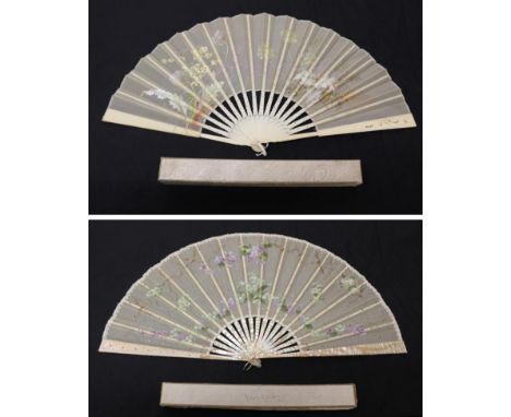 Two Large Circa 1890's Gauze Fans, contained in virtually matching boxes, having belonged to two sisters. The first, of pink 