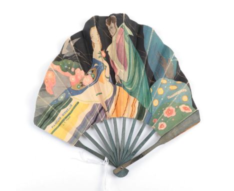 L.T. Piver ''Mismélis'': A Rare Printed Paper Advertising Fan, in fontange form, the wood sticks dyed dark green, the leaf qu