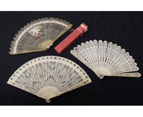 Three Early 19th Century Brisé Fans, to include a horn brisé with 2 painted images, one of a maiden in pink skirt and dark bo