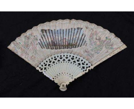 An 18th Century Chinese Ivory Fan, Qing Dynasty, circa 1730's, with slender sticks, the gorge carved in bands, the sticks in 