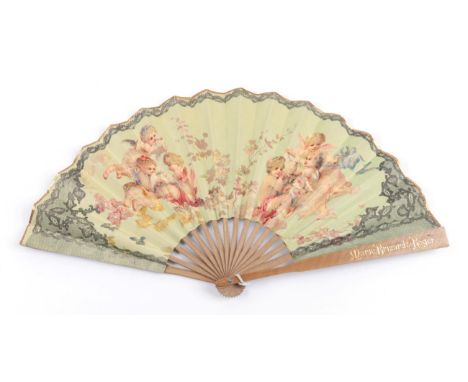 Cherubs and Black Lace: A Late 19th Century Printed Fan, the double paper leaf mounted on pale wood, the upper guard gilded w