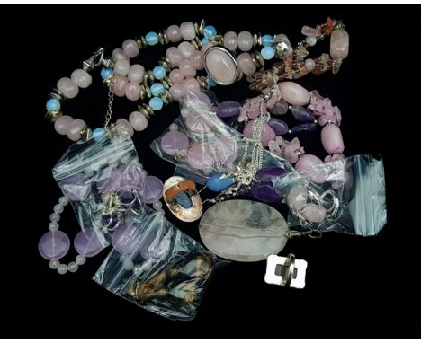 Costume Jewellery - items of rose quartz and other semi precious hard stone items including a white metal ring stamped 925; t