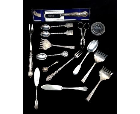 Silver and silver plated flatware, including 3 plated sardine forks; pickle forks, sugar niops, silver mounted glass salt and