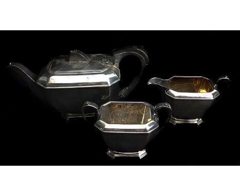 An Alpha three piece silver plated Art Deco tea set, comprising teapot, sugarbowl and milk jug, makers mark HB&H (3)