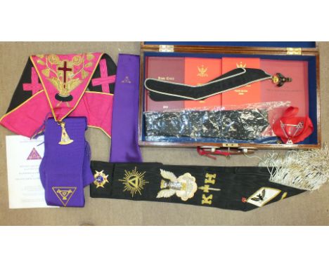 Masonic, a Rose Croix 18th Degree collar and gilt metal jewel, a Rose Croix 30th Degree sash, star and collarette with gilt m