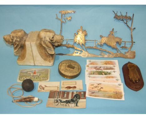 A Lawn Tennis measuring tape, a Devon Otter Hounds otter foot mounted on mahogany board, inscribed "Bickleigh 31-8-37", an op