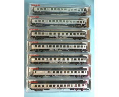 Fleischmann, N gauge, seven DB silver livery coaches, no.s 8120, 8121 (x2), 8122 (x4), all boxed, (7).