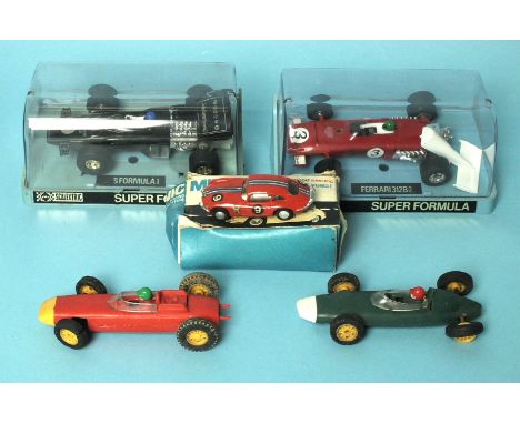 Scalextric, c72 BRM, c86 F1 Porsche, a boxed Minic Jaguar E-Type, two boxed Super Formula cars and a quantity of track, etc.