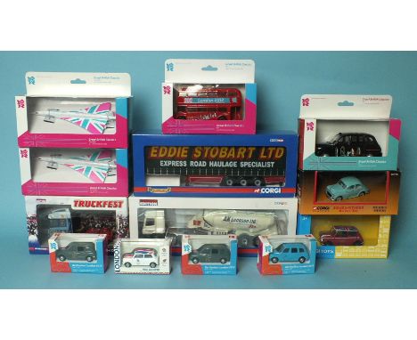 Corgi, 1:50 scale cc19904 Eddie Stobart trailer, cc13610 DAF tanker, cc13220 DAF space cab and other vehicles, all boxed.