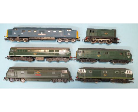 Lima, OO gauge, Class 42 Warship diesel "Sharp Shooter", another diesel and four Hornby/Triang diesels, no boxes, (5).