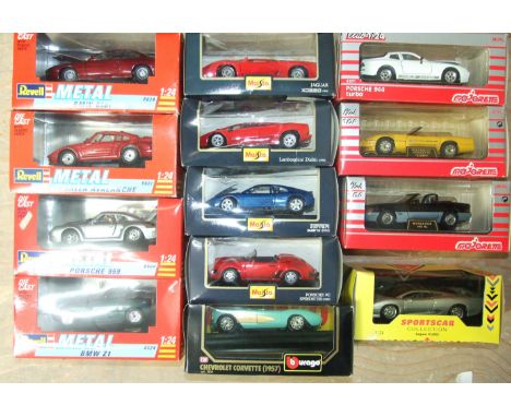 Thirteen boxed 1:24 scale diecasts by Maisto, Revell, Majorette, Burago and Shell Sports Car Collection, (13).