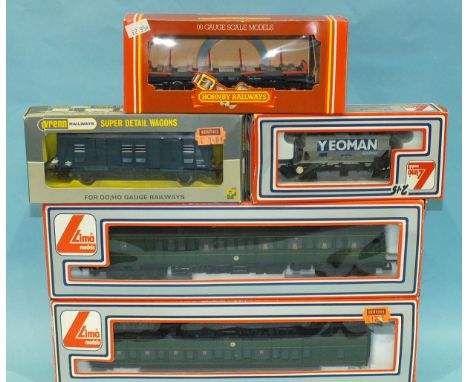 Lima, OO gauge, two BR eight-wheel coaches, a "Yeoman" wagon, a Wrenn Utility Van and a Hornby Steel Carrier, all boxed, (5).
