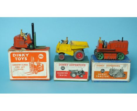 Dinky Supertoys, 562 Dumper Truck, 563 Heavy Tractor and 14C Coventry Climax Fork-Lift Truck, all boxed, (3).