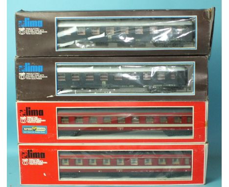 Lima, O gauge, four four-axle bogie corridor coaches, FS x2, RIC x2, all boxed, (4).