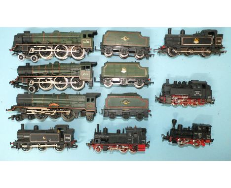 HO gauge, two small steam locomotives by Fleischmann and one by Roco and five OO gauge steam locomotives by Triang/Hornby and