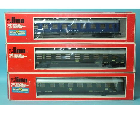 Lima, O gauge, two DB four-axle bogie corridor coaches and one other, 'Touropa', all boxed, (3).
