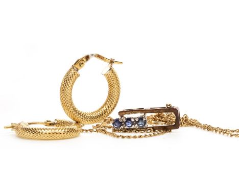 BLUE GEM SET NECKLACE, the openwork rectangular bezel set with three round blue gems, on a chain marked 9k, 1.9g; along with 