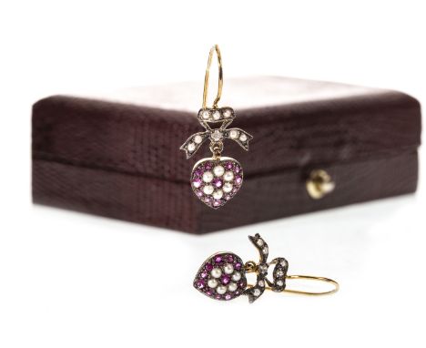 PAIR OF RUBY AND PEARL EARRINGS, each with a heart shaped section set with split seed pearls and round rubies, suspended from