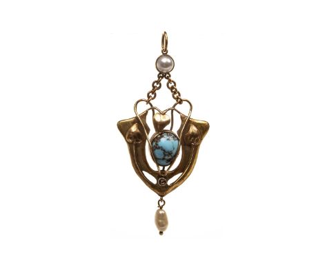 ART NOUVEAU STYLE TURQUOISE AND PEARL PENDANT, pierced and set with a central cabochon turquoise and an old cut yellow gem, s
