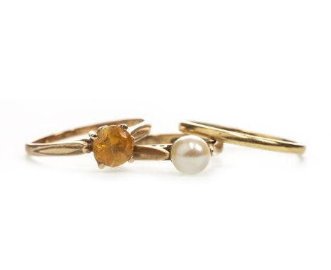 ORANGE GEM SET RING, the round orange gem 6mm in diameter, unmarked, size N 1/2, 1.6g; along with a nine carat gold pearl set