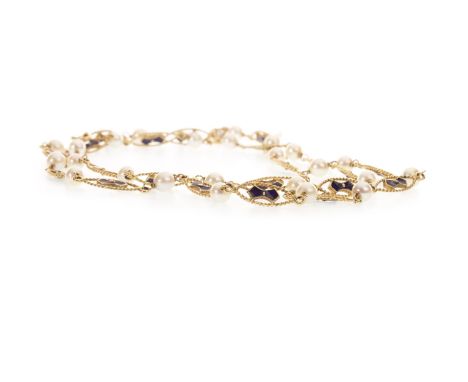 GOLD, PEARL AND ENAMEL NECKLACE, the spherical pearls interspaced by elliptical blue enamelled sections, 79cm long, marked 75