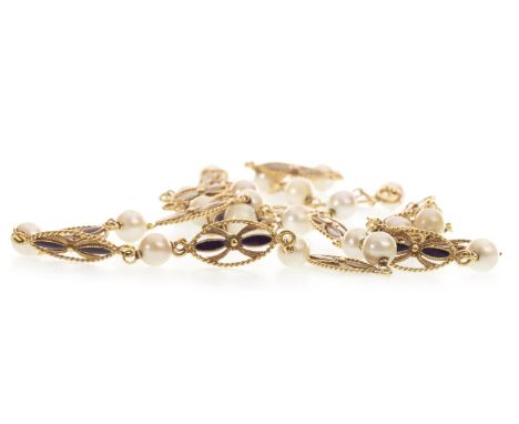 GOLD, PEARL AND ENAMEL NECKLACE, the spherical pearls interspaced by elliptical blue enamelled sections, 79cm long, indistinc
